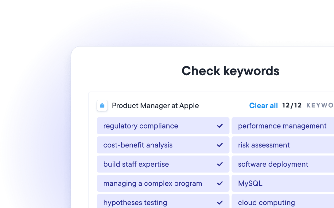 ATS-cv-granskare som matchar jobbspecifika nyckelord för tjänsten Product Manager på Apple
